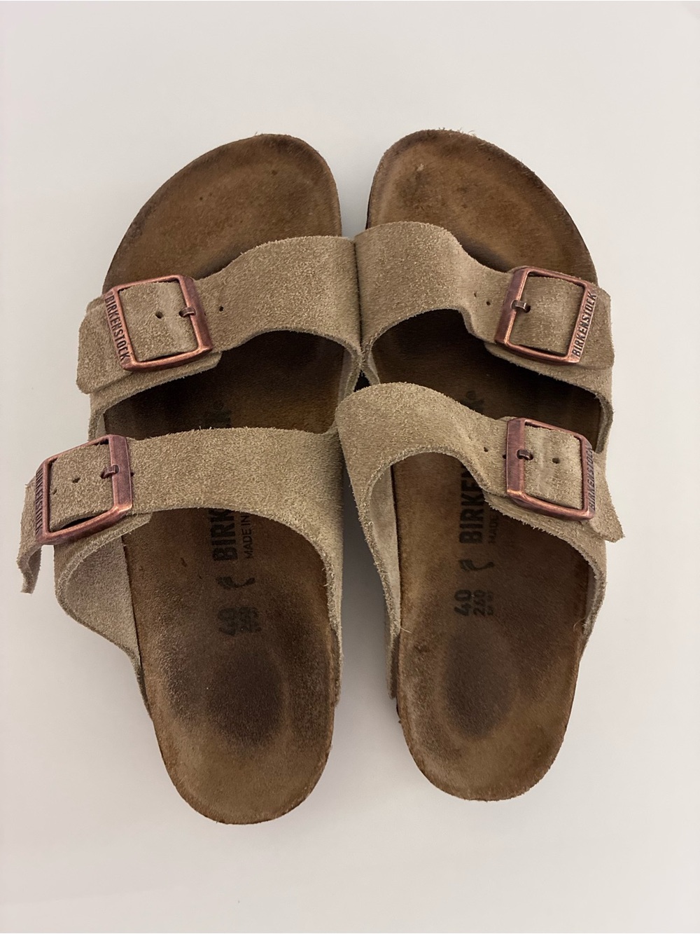 Birkenstock Arizona Suede Double Strap Sandals in Beige with Rose Buckles